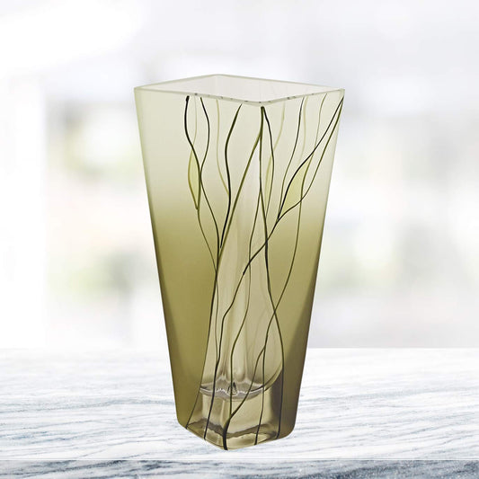 (D) Handcrafted 'Evergreen' Decorative Crystal Glass Square Flower Vase 8", Luxury European Design
