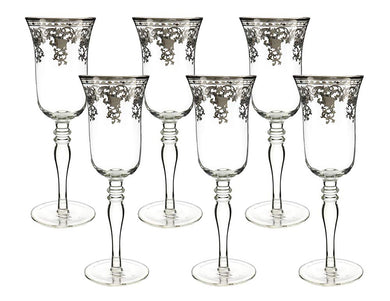 (D) Crystal Champagne Flute Glasses with Silver Pattern 6pc, Vintage Glassware