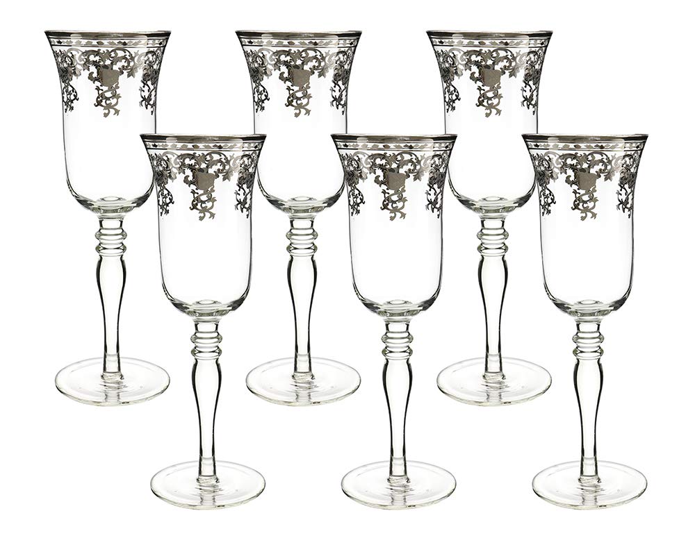 (D) Crystal Champagne Flute Glasses with Silver Pattern 6pc, Vintage Glassware