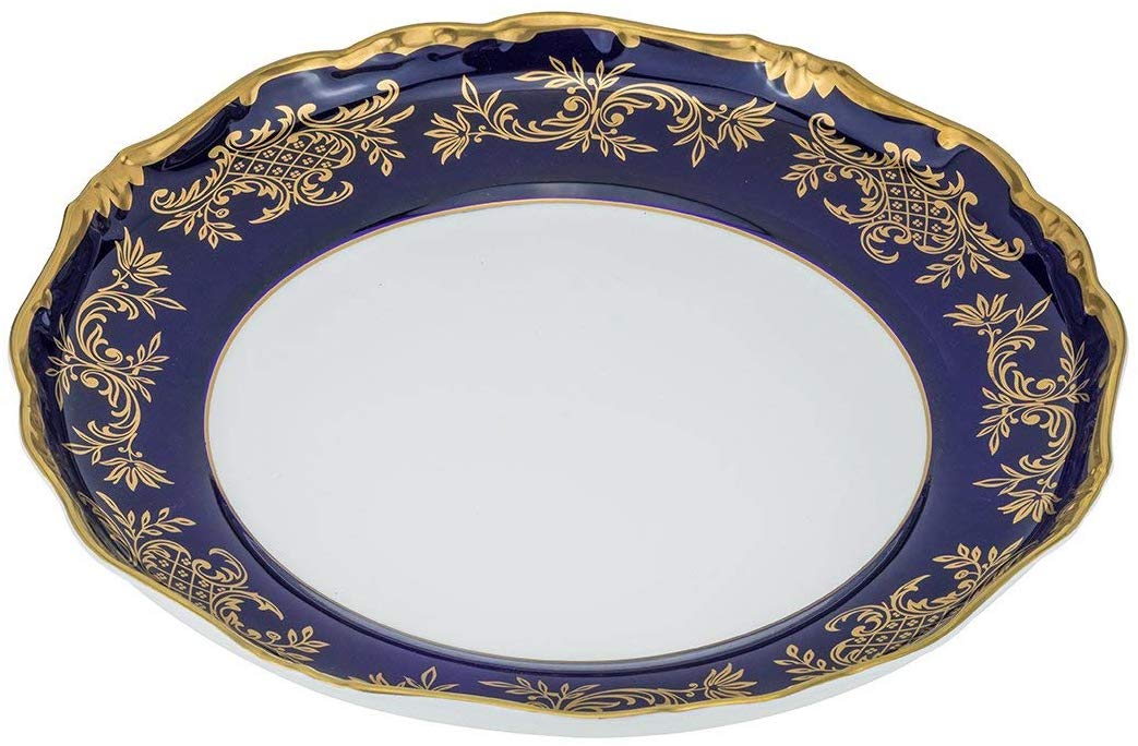 Royalty Porcelain Blue Round Serving Platter with Tiny Flowers 24K Gold (12'')