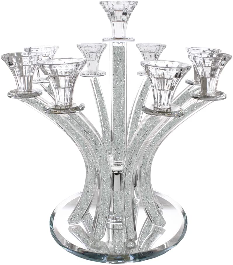 (D) Judaica Crystal Candelabra with Stones 9 Arms Candle Holders (Clear)