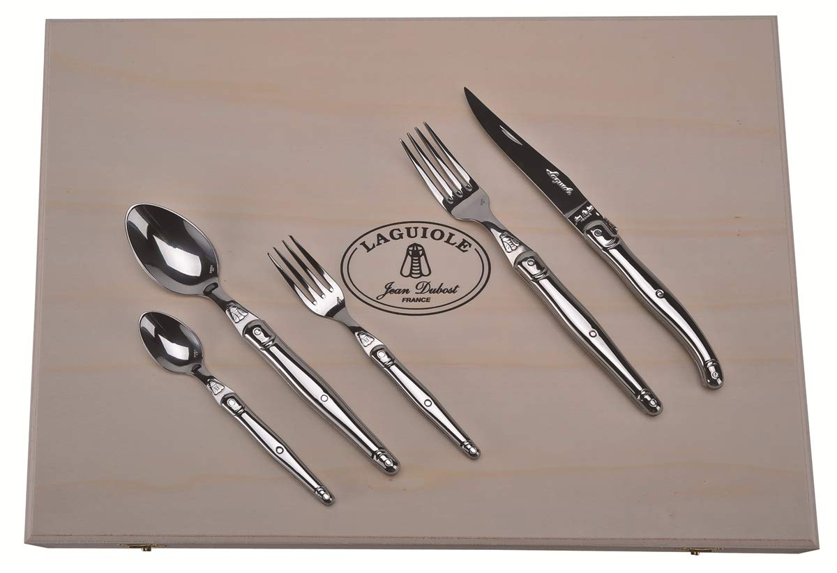 Laguiole Jean Dubost 20pc stainless steel flatware set displayed in a clasp gift box