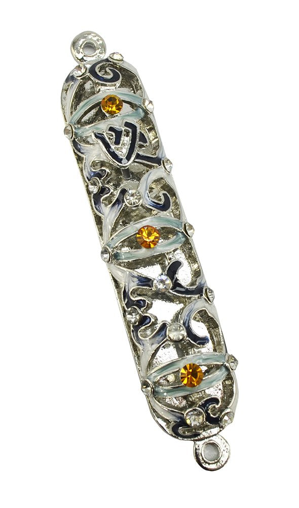 (D) Handcrafted Blue Mother of Pearl and Swarovski Crystals Mezuzah 4.5 Inch