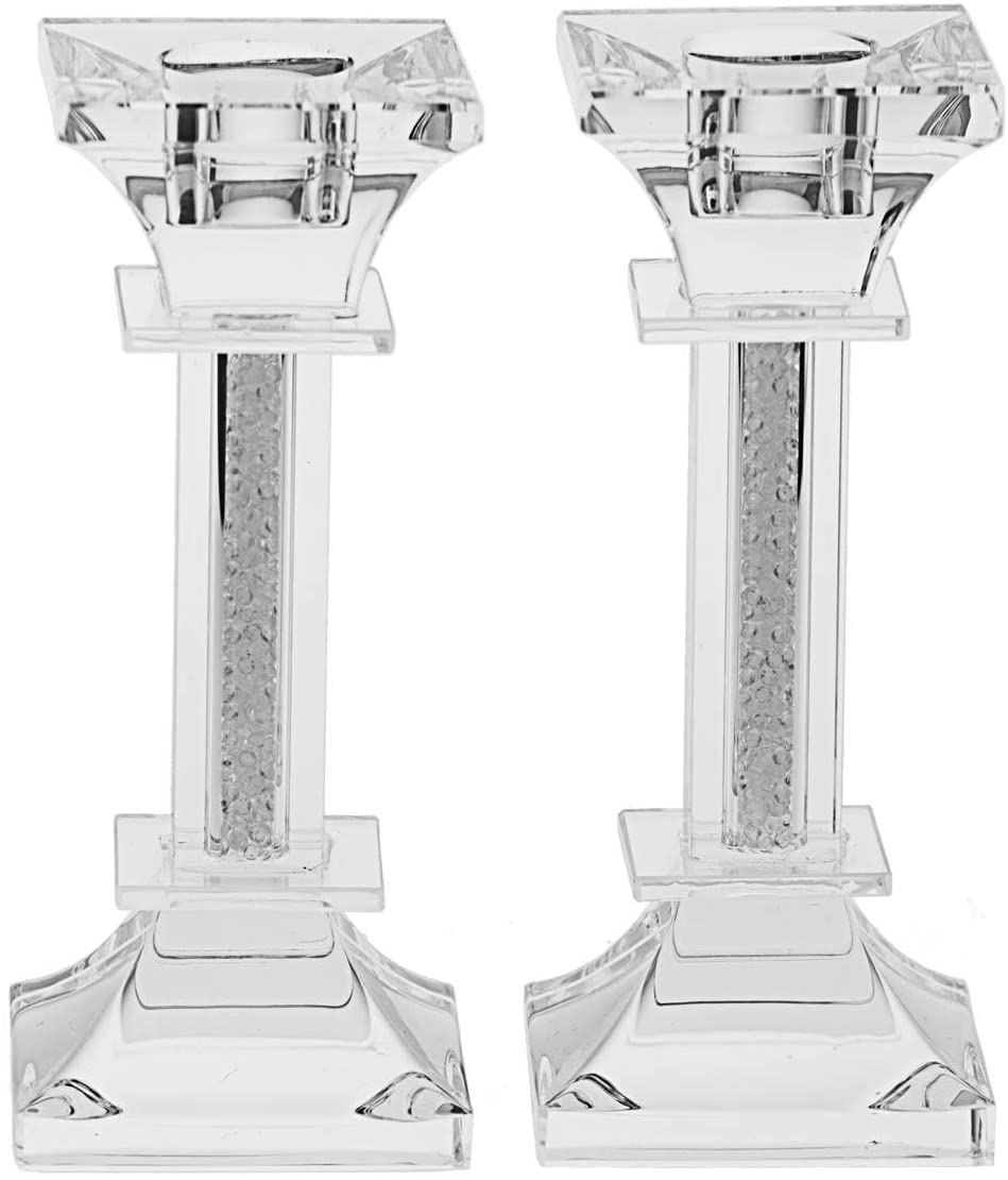(D) Pair of Judaica Candlestick Crystal Silver Candle Holders 2 Pc (5 1/8 