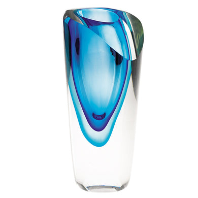 (D) Handcrafted 'Azure' Murano Art Glass Blue Decorative Oval Flower Vase 9 Inch