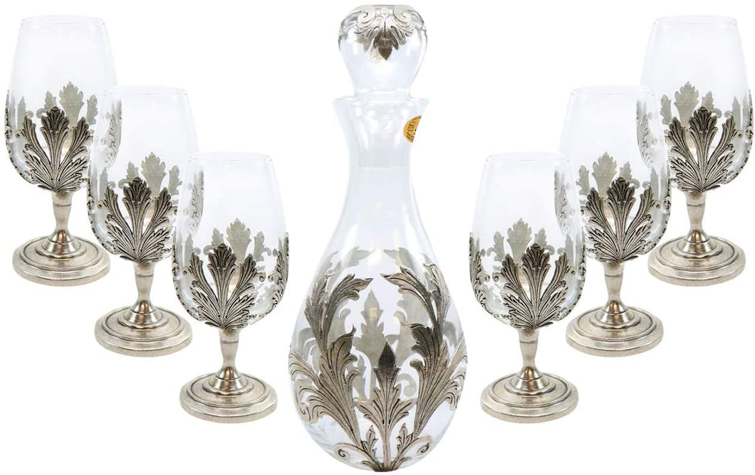Medieval Pewter Wine Decanter with Glasses 7 Pc Set Metal Portugal Pattern