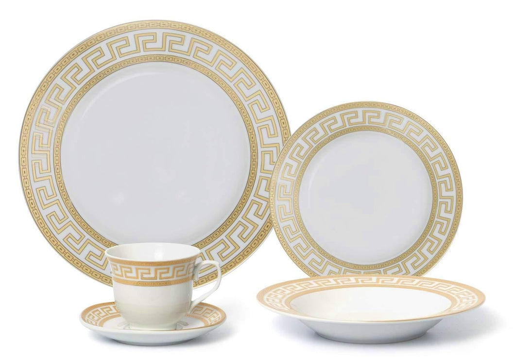 Premium 5-pc Dinner Set for 1-24K Gold Plated Trimmed Fine Porcelain with Elegant Gold Decoration on White