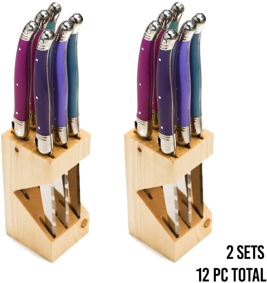 (D) Laguiole Steak Knives Set of 6 Serrated Stainless Steel in a Block (Purple)
