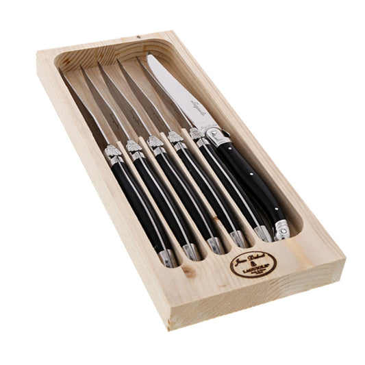 (D) Steak Knives in Tray 6 Pc Set, Stainless Steel Blades (Black or Gray or Ivory or Red)