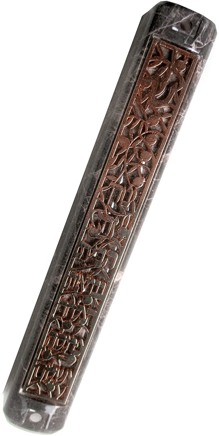 (D) Judaica Plastic Marble Style Mezuzah Case, Metal (5.9'', Copper Text)
