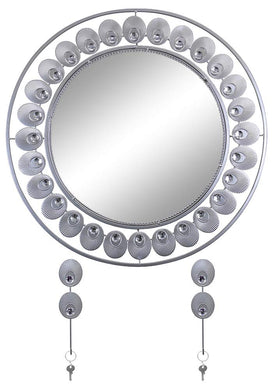 (D) Elegant Round Wall Mirror with Key Chain Holders, Silver Feathers 24 Inches