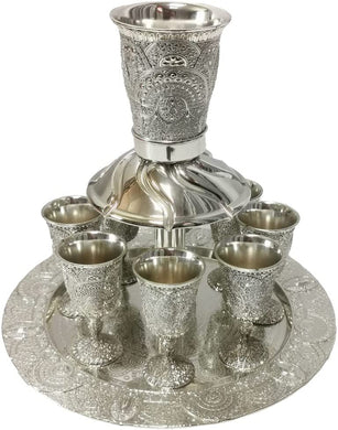 (D) Judaica Silver Plated Kiddush Fountain with Lacquer Set of 7 Pc 9.65