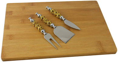 (D) Bamboo Cheese Board, Wooden Board with Knives and Fork 4-pc Gold and Amber