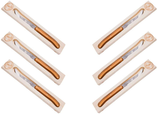 (D) Laguiole French Hand Made Rustic Olive Wood Cheese Knife in a Box, Vintage (6 PC)