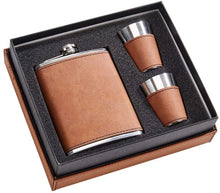 (D) Flask Stainless Steel 8 Oz with 2 Cups Men Gift Idea, Barware (Brown)