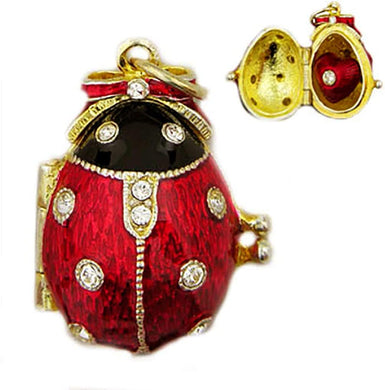 (D) Enameled Faberge Style Egg Red Ladybug with Heart Pendant Swarovski Jewelry