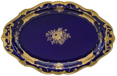 Royalty Porcelain Blue Oval Serving Platter, Leaves' 24K Gold Pattern (10'')