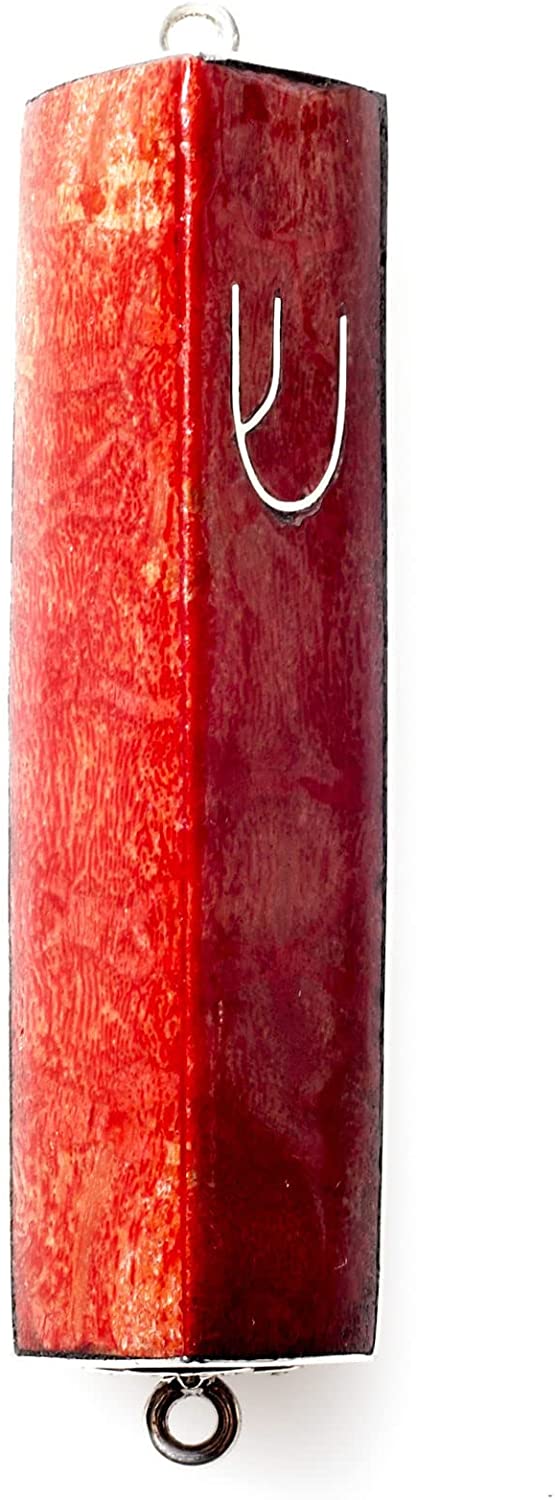 (D) Judaica Sterling Silver Mezuzah Case Triangle 3 inch (Red Coral)