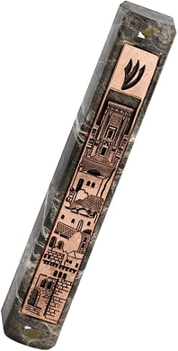 (D) Judaica Plastic Marble Style Mezuzah Case, Metal (4.7'', Copper Jerasulem)