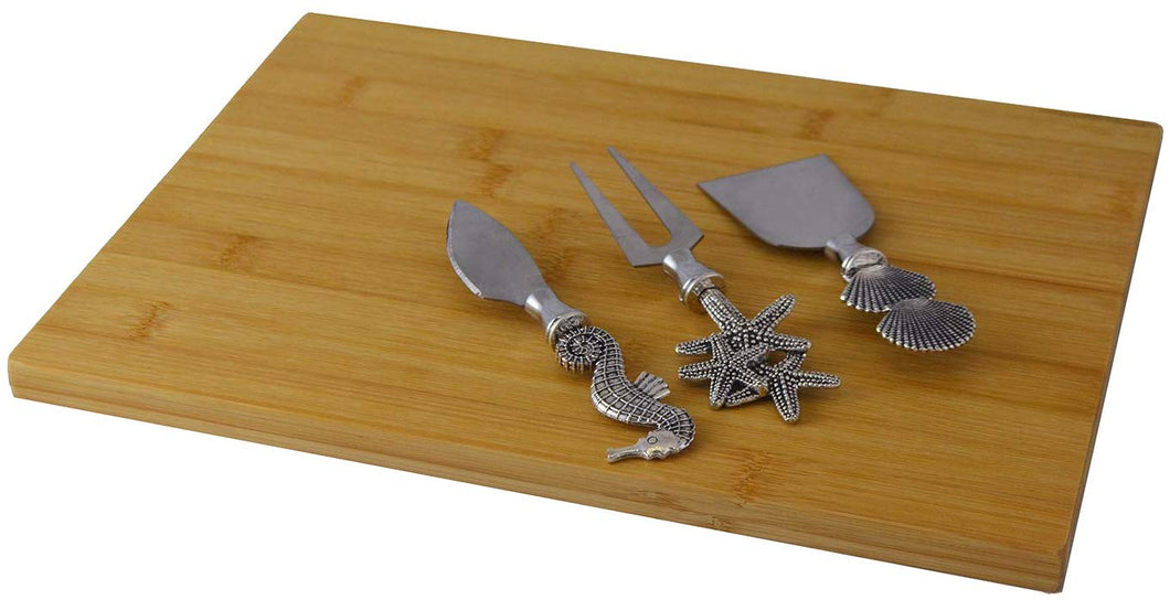 (D) Bamboo Cheese Board, Wooden Board with Silver Knife, Fork 4-pc 'Seashell'