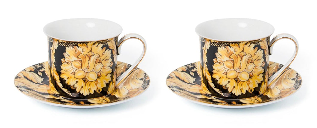 Royalty Porcelain Luxury Tea or Coffee Cup Set, 24K Gold (4 PC, Floral Black)