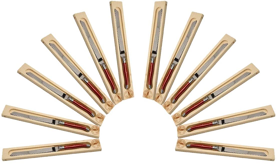 (D) Bread Knife Laguiole French Hand Made in Wood Box, Vintage (12 PC, Red)