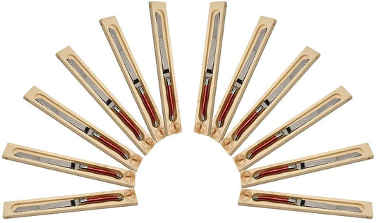 (D) Bread Knife Laguiole French Hand Made in Wood Box, Vintage (12 PC, Red)