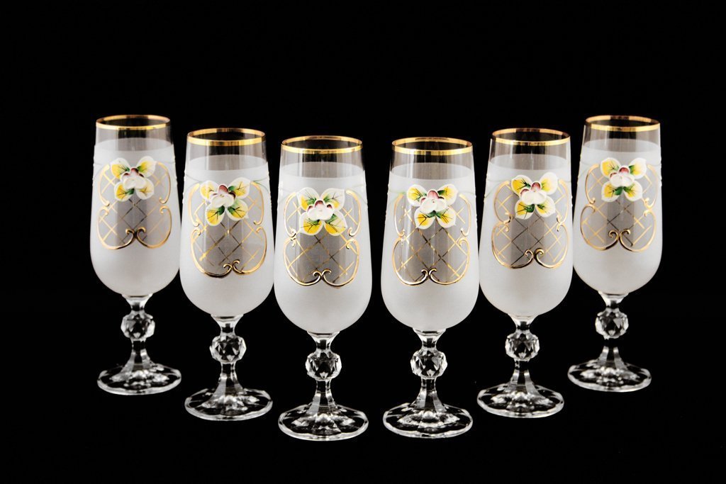 Crystalex 6pc Bohemia Colored Crystal Vintage Enamel White Champagne Flute Glasses Set, 24K Gold-Plated, Hand Made