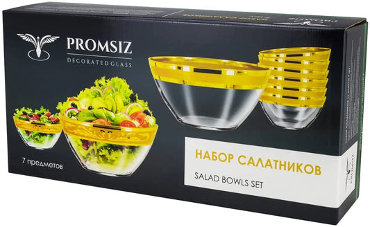 Luxury Glass Bowl Set with Gold Greek Pattern 7 Pc, 7.5" D and 4.25"D