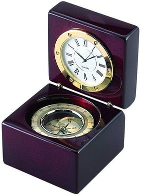 (D) Natural Wooden Box for Men, Brown Box with Clock and Compass Corporate Gift