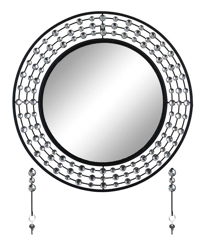 (D) Round Silver and Black Wall Mirror with Key Chain Hooks and Swarovski Decor