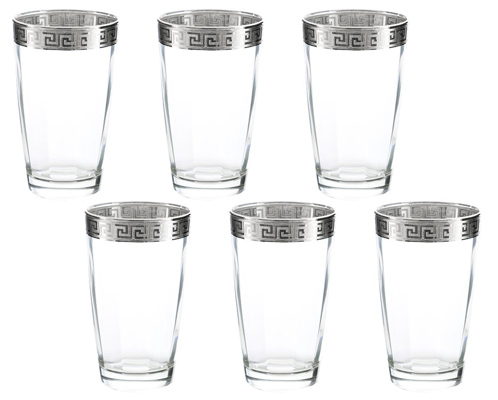 (D) Set of 6 Old-Fashioned Highball Tumblers, Vintage Silver Greek Key Pattern