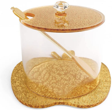 (D) Judaica Lucite Honey Dish with Lid and Spoon Apple Shape Base (Gold)