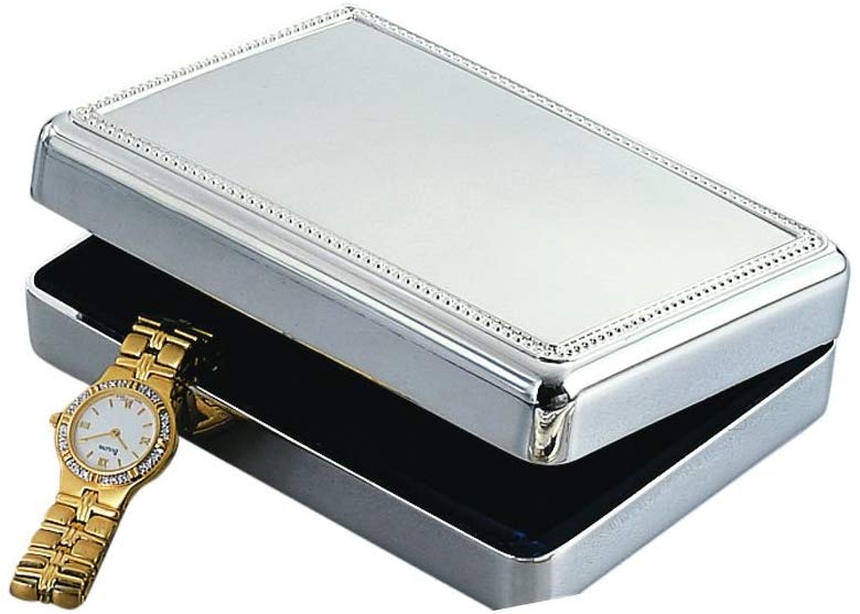 (D) Stainless Steel Jewelry Box for Women Beaded Border Silver Storage Box