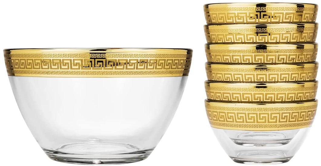 Luxury Glass Bowl Set with Gold Greek Pattern 7 Pc, 7.5