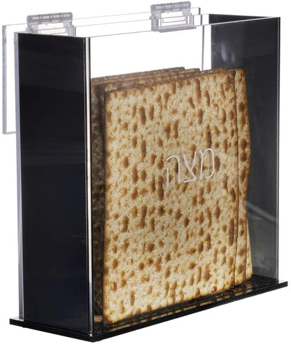 (D) Judaica Matzah Box for Square Matzos For Pesach Seder Hebrew Letters (Black)