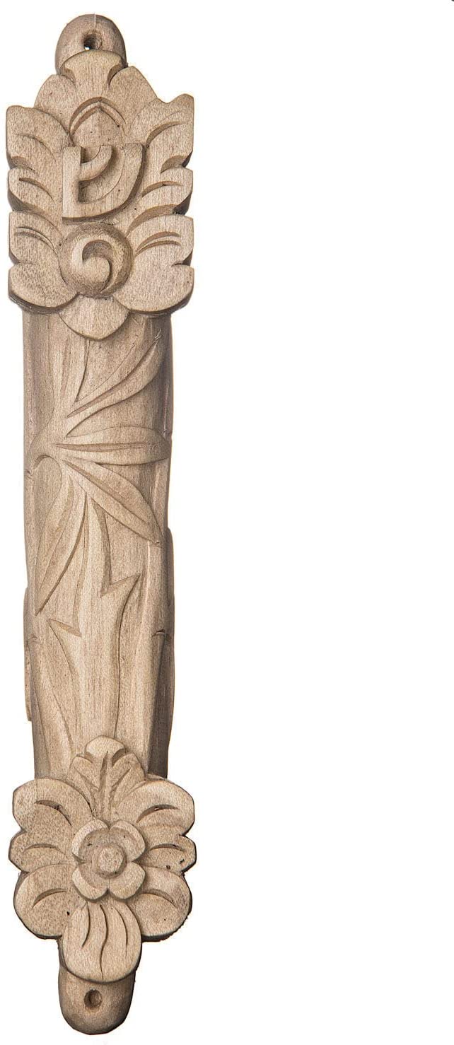 (D) Judaica Wood Crocodile Flower Design Mezuzah Case Brown (7'')