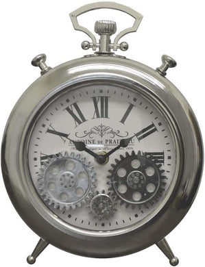 (D) Metal Table Clock 10'' x 7'' Roman Numerals Moving Gears Vintage (Silver)