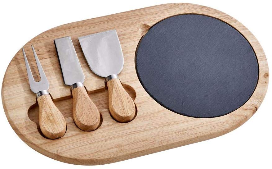 (D) Hand Made Cheese Set Slate, Cheese Cutting Knife Set in Wood Board, Vintage
