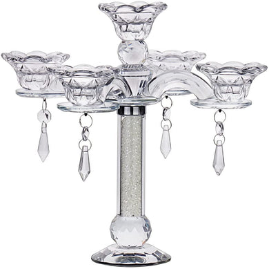 (D) Judaica Crystal Candelabra 5 Arms Glass Medallion Candle Centerpiece