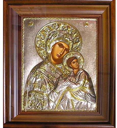 (D) Religious Gift Hand Painted Silver Icon in Wooden Frame (Virgin Mary)