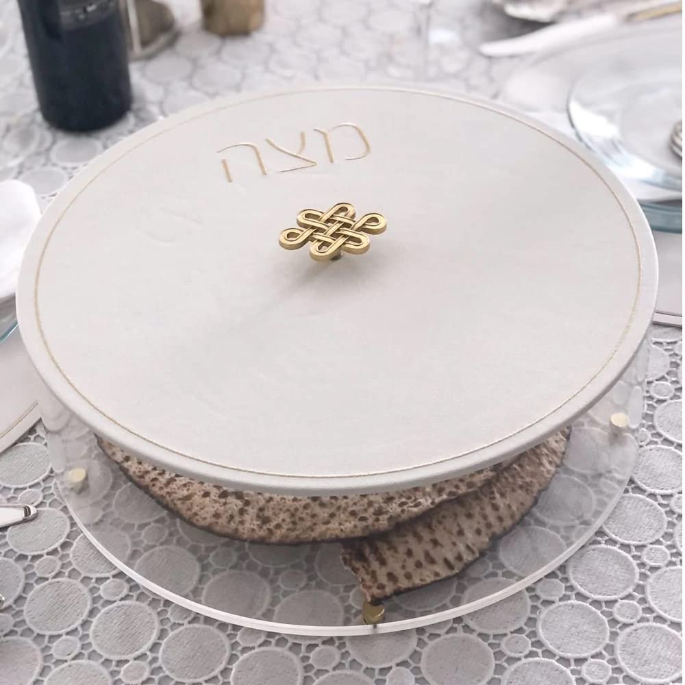 (D) Judaica Lucite Matzah Box with White Leatherette Cover and Knot Handle