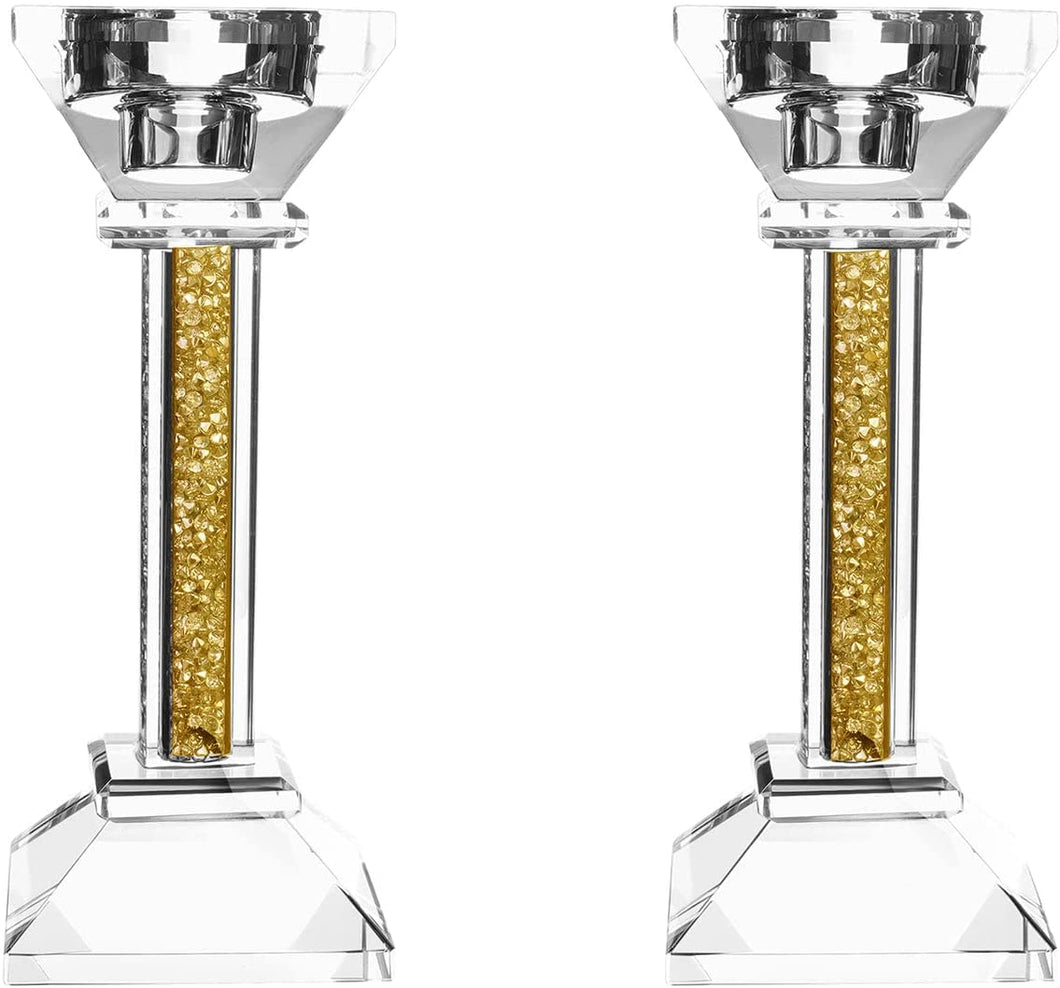 (D) Judaica Crystal Candlesticks with Stones Candle Holder (6.3'', Gold)