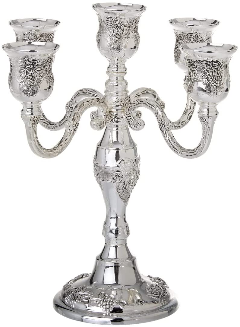 (D) Judaica Candelabra Silver Plated 5 Branch Grape Embossed Decor 9''