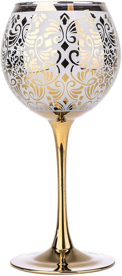 Set Of 6 Wine Gold Goblet Glasses 12 Oz, Floral Design