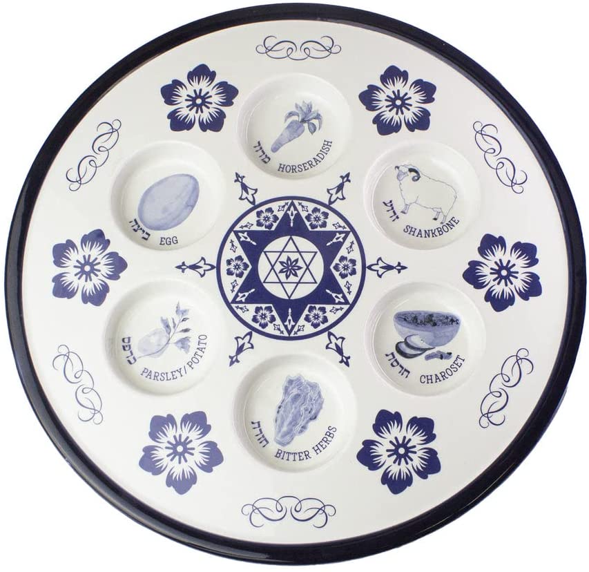 (D) Judaica Ceramic Seder Plate for Passover White Blue 12" Round