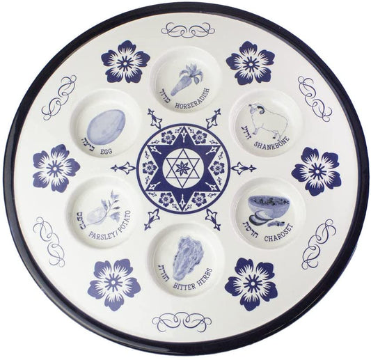 (D) Judaica Ceramic Seder Plate for Passover White Blue 12" Round