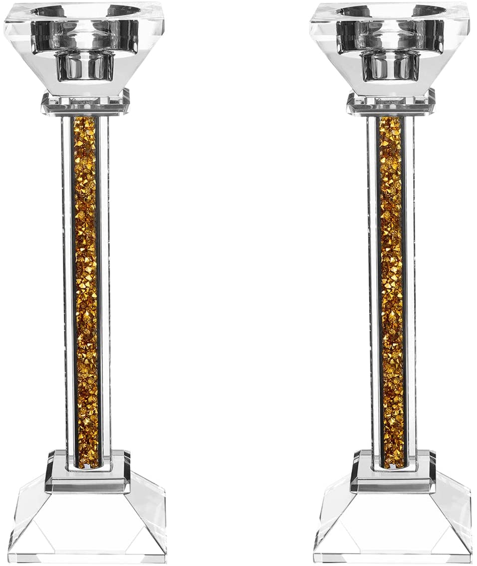 (D) Judaica Crystal Candlesticks with Stones Candle Holder (8.6'', Gold)