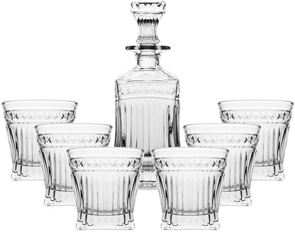 (D) Crystal Decanter Line Design Set with 6 Cups Clear 16.9 Oz