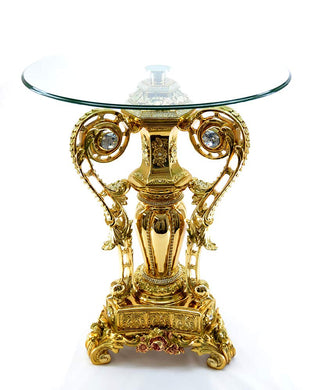 (D) Baroque Style Gilt Table with Glass Top on Three Sided Base with Crystals